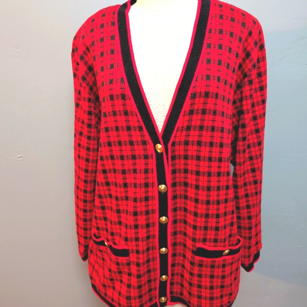 Vintage Cathy Daniels oversized check cardigan pockets & gold buttons. Large.
